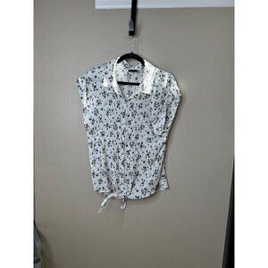 Zenobia Women's‎ White Floral Blouse size 2XL short sleeve button tie rayon